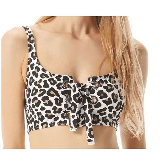 Michael Kors KHAKI LEOPARD Printed Lace-up Bikini Swim Top US Small S - Picture 4 of 4
